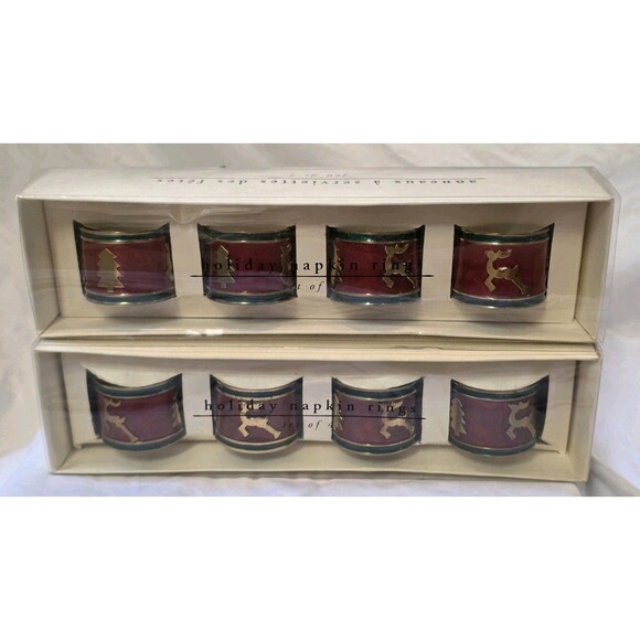 Set of 8 Pier 1 Red Green Brass Enamel Tree Deer Napkin Rings Christmas Holiday - Picture 6 of 6